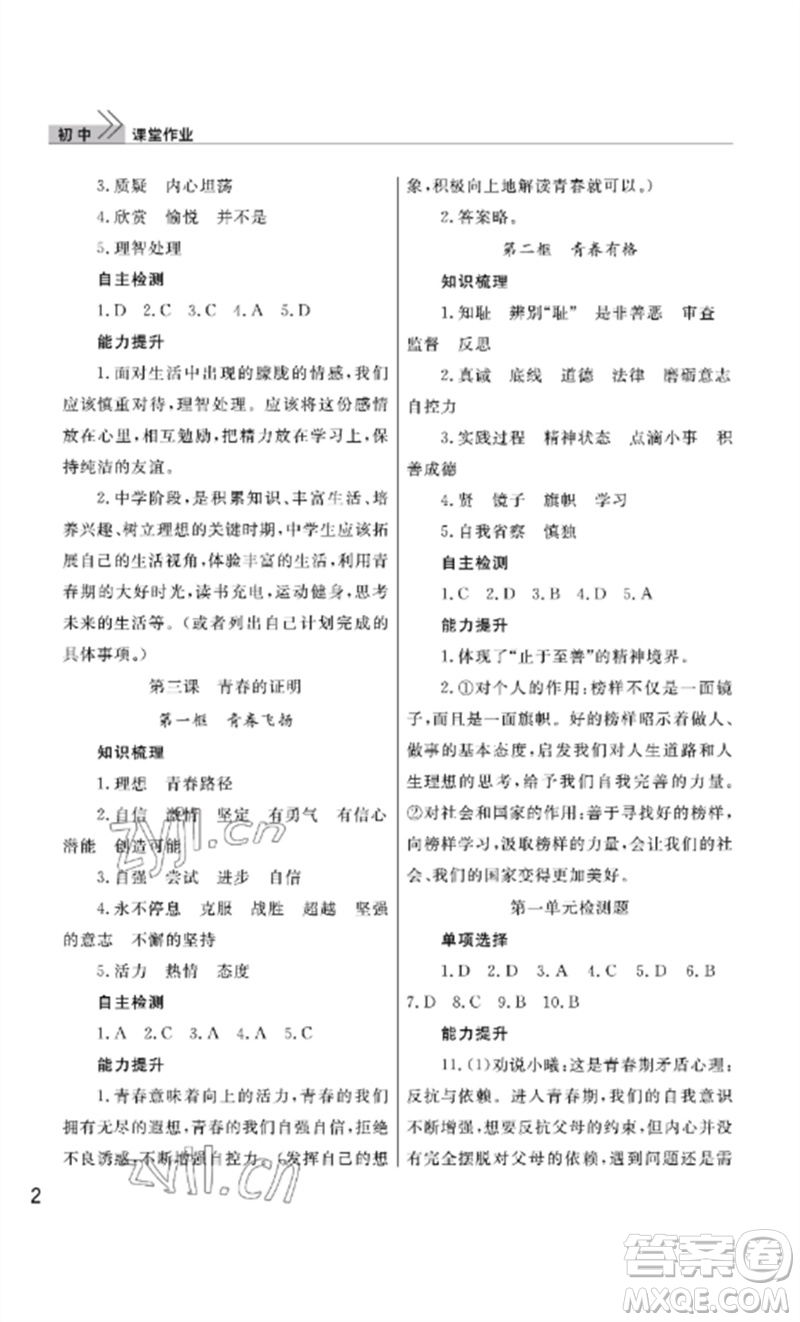 武漢出版社2023智慧學習天天向上課堂作業(yè)七年級道德與法治下冊人教版參考答案
