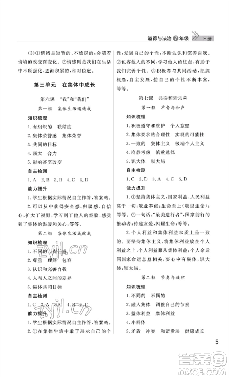武漢出版社2023智慧學習天天向上課堂作業(yè)七年級道德與法治下冊人教版參考答案