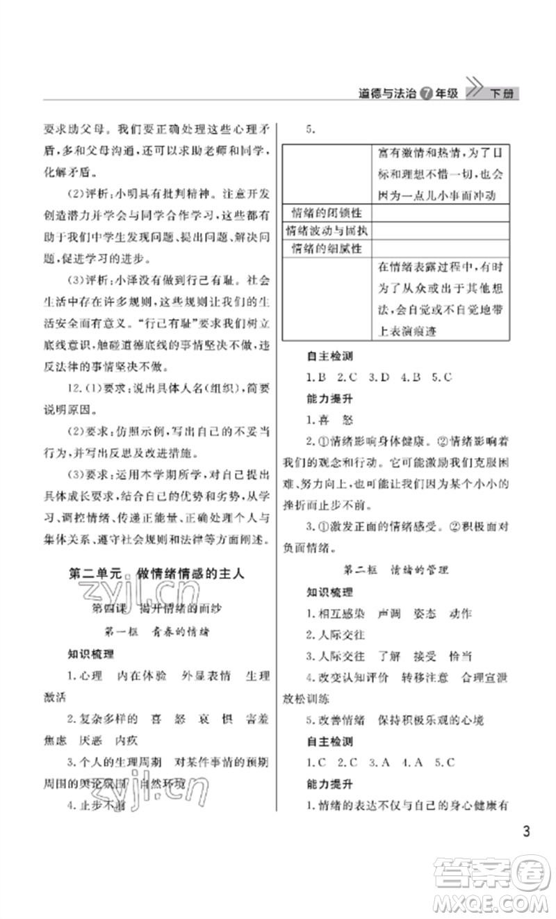 武漢出版社2023智慧學習天天向上課堂作業(yè)七年級道德與法治下冊人教版參考答案