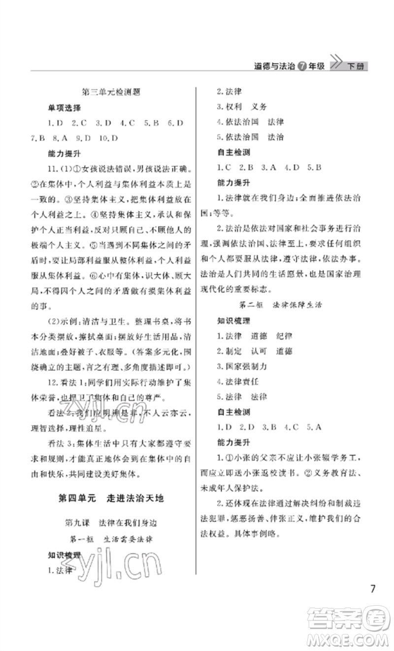 武漢出版社2023智慧學習天天向上課堂作業(yè)七年級道德與法治下冊人教版參考答案