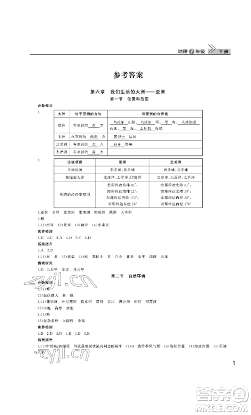 武漢出版社2023智慧學(xué)習(xí)天天向上課堂作業(yè)七年級(jí)地理下冊(cè)人教版參考答案