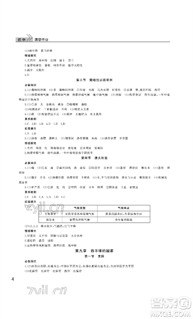 武漢出版社2023智慧學(xué)習(xí)天天向上課堂作業(yè)七年級(jí)地理下冊(cè)人教版參考答案