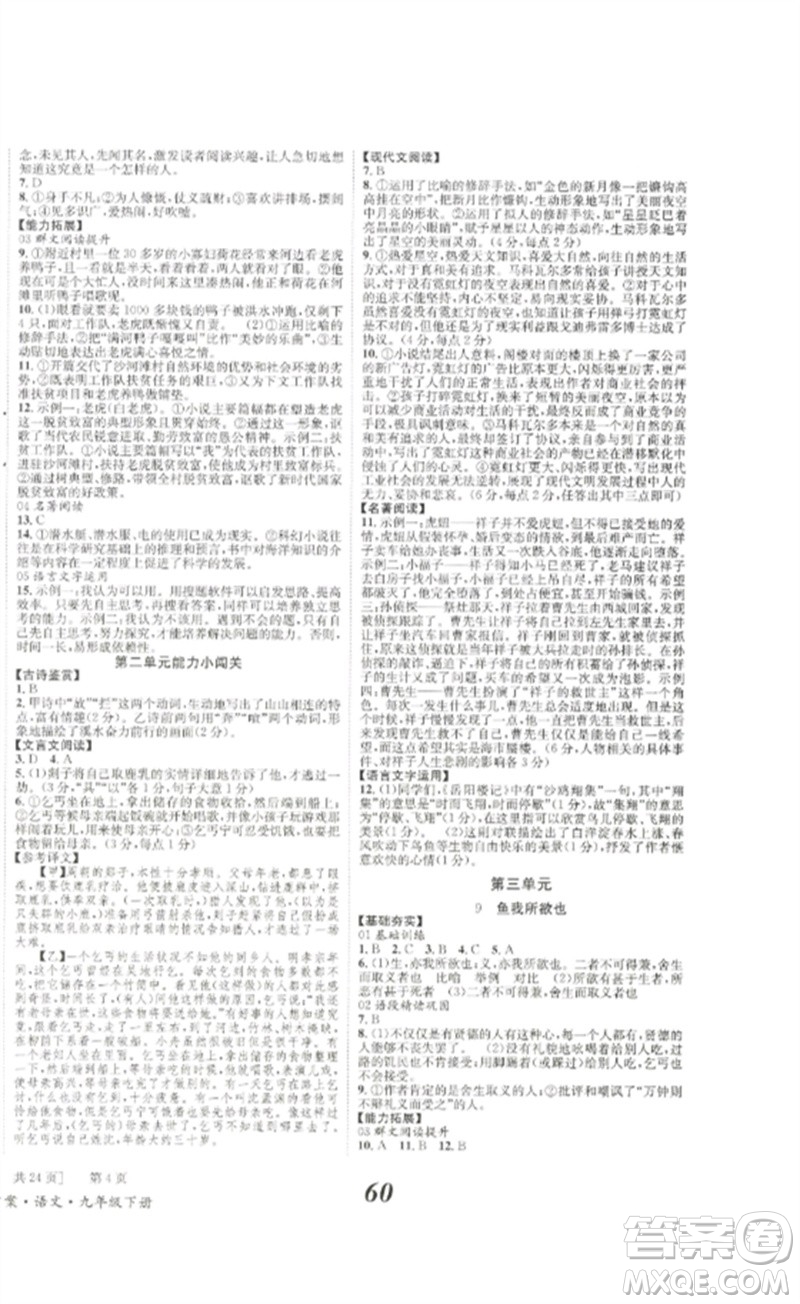 北京時(shí)代華文書(shū)局2023全效學(xué)習(xí)學(xué)業(yè)評(píng)價(jià)方案九年級(jí)語(yǔ)文下冊(cè)人教版參考答案