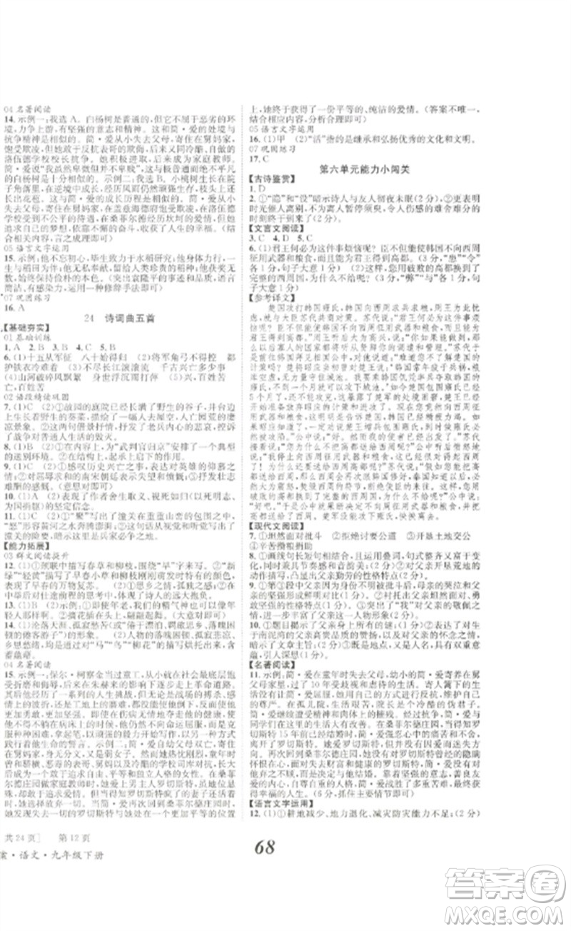 北京時(shí)代華文書(shū)局2023全效學(xué)習(xí)學(xué)業(yè)評(píng)價(jià)方案九年級(jí)語(yǔ)文下冊(cè)人教版參考答案