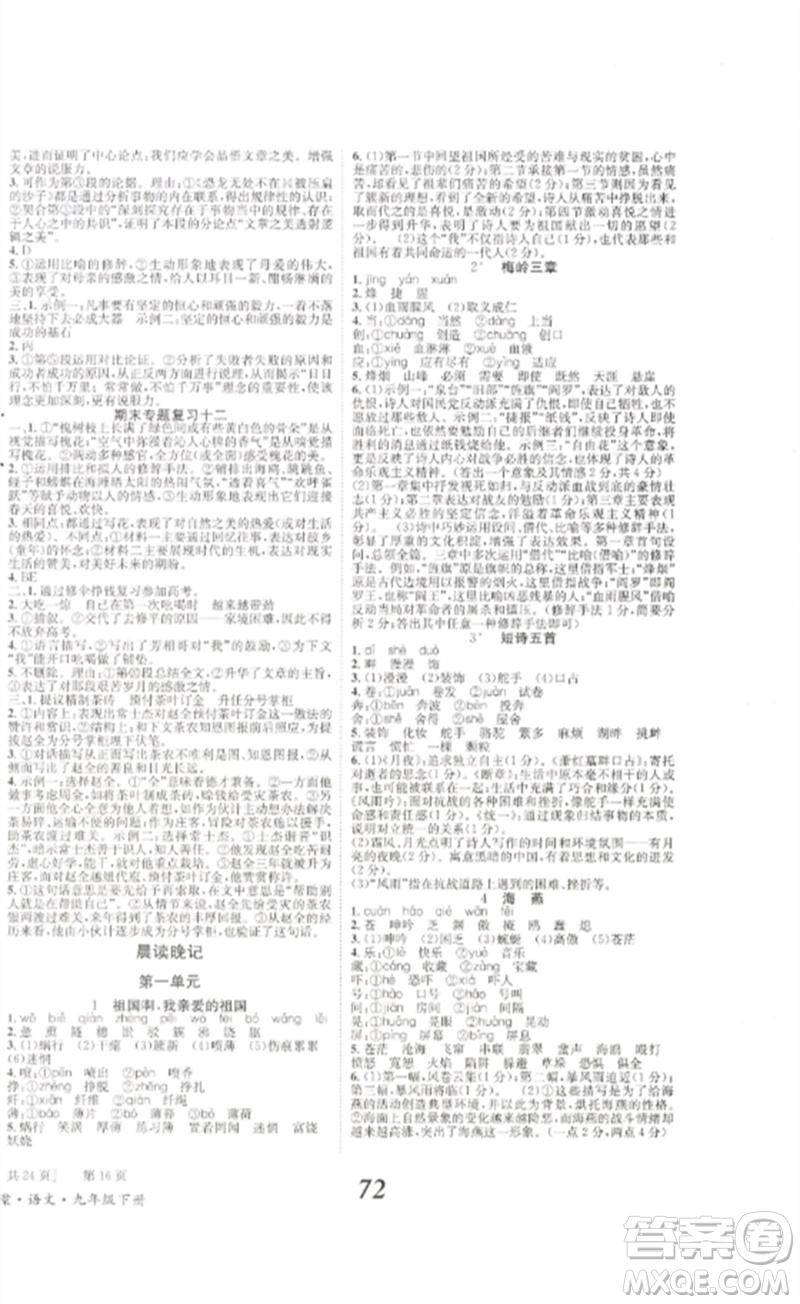 北京時(shí)代華文書(shū)局2023全效學(xué)習(xí)學(xué)業(yè)評(píng)價(jià)方案九年級(jí)語(yǔ)文下冊(cè)人教版參考答案