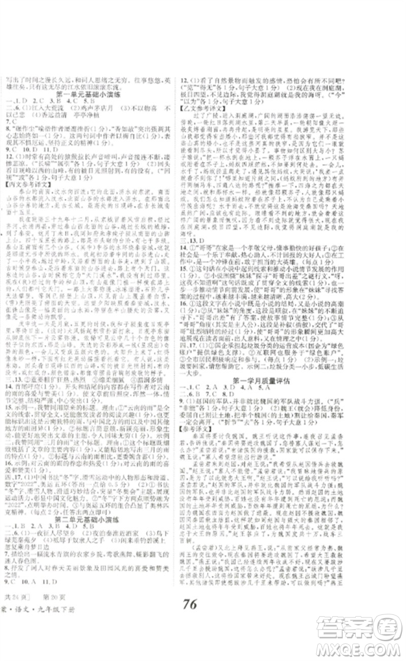 北京時(shí)代華文書(shū)局2023全效學(xué)習(xí)學(xué)業(yè)評(píng)價(jià)方案九年級(jí)語(yǔ)文下冊(cè)人教版參考答案