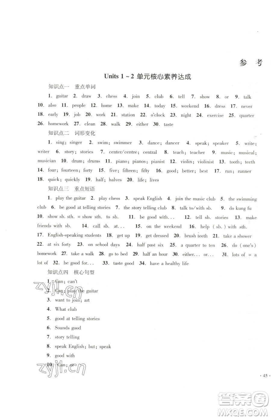 湖南教育出版社2023學(xué)科素養(yǎng)與能力提升七年級下冊英語人教版參考答案