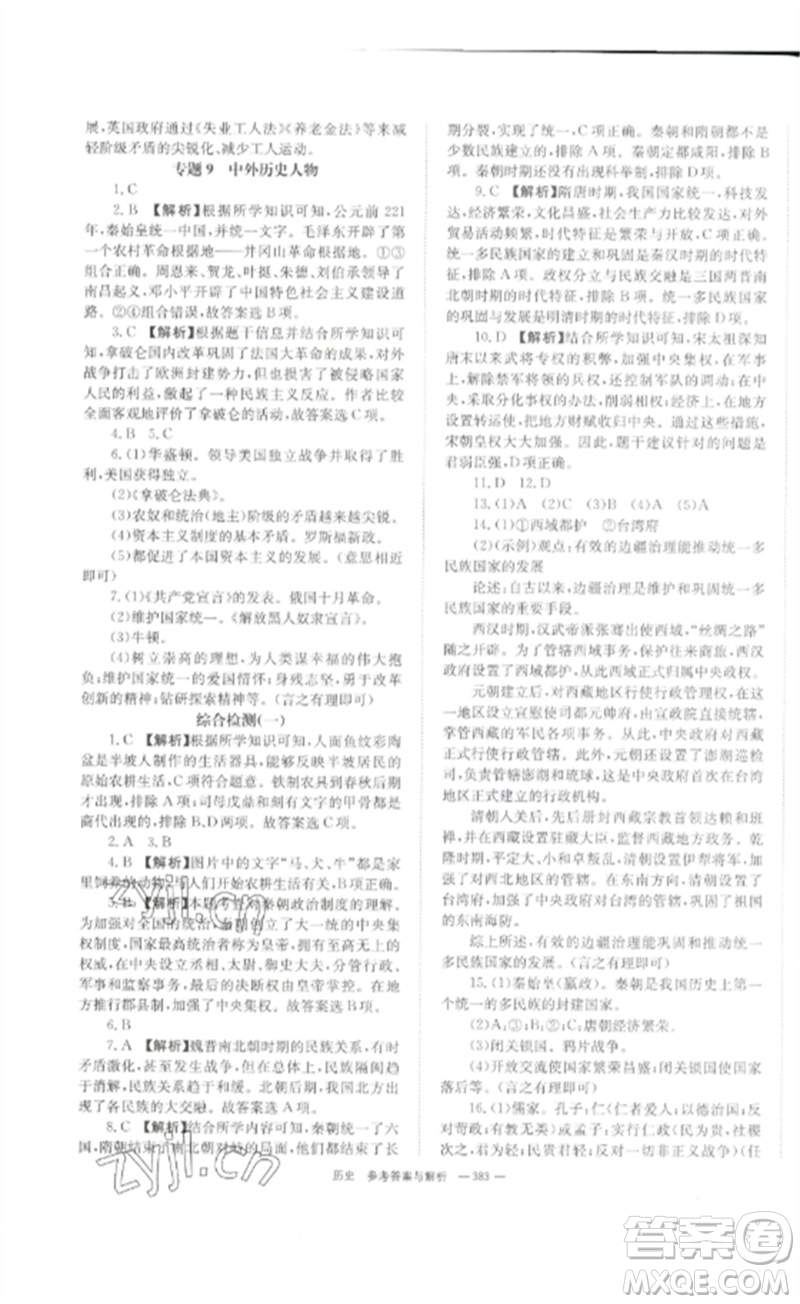 湖南師范大學(xué)出版社2023全效學(xué)習(xí)中考學(xué)練測(cè)九年級(jí)歷史人教版參考答案