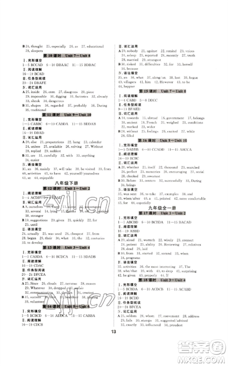 光明日?qǐng)?bào)出版社2023全效學(xué)習(xí)中考學(xué)練測(cè)九年級(jí)英語(yǔ)人教版寧波專版參考答案
