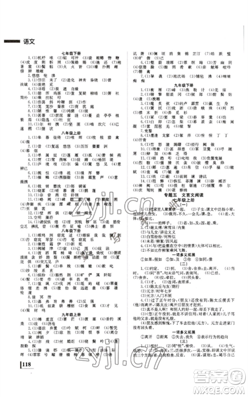 湖南師范大學(xué)出版社2023全效學(xué)習(xí)中考學(xué)練測九年級語文人教版郴州專版參考答案