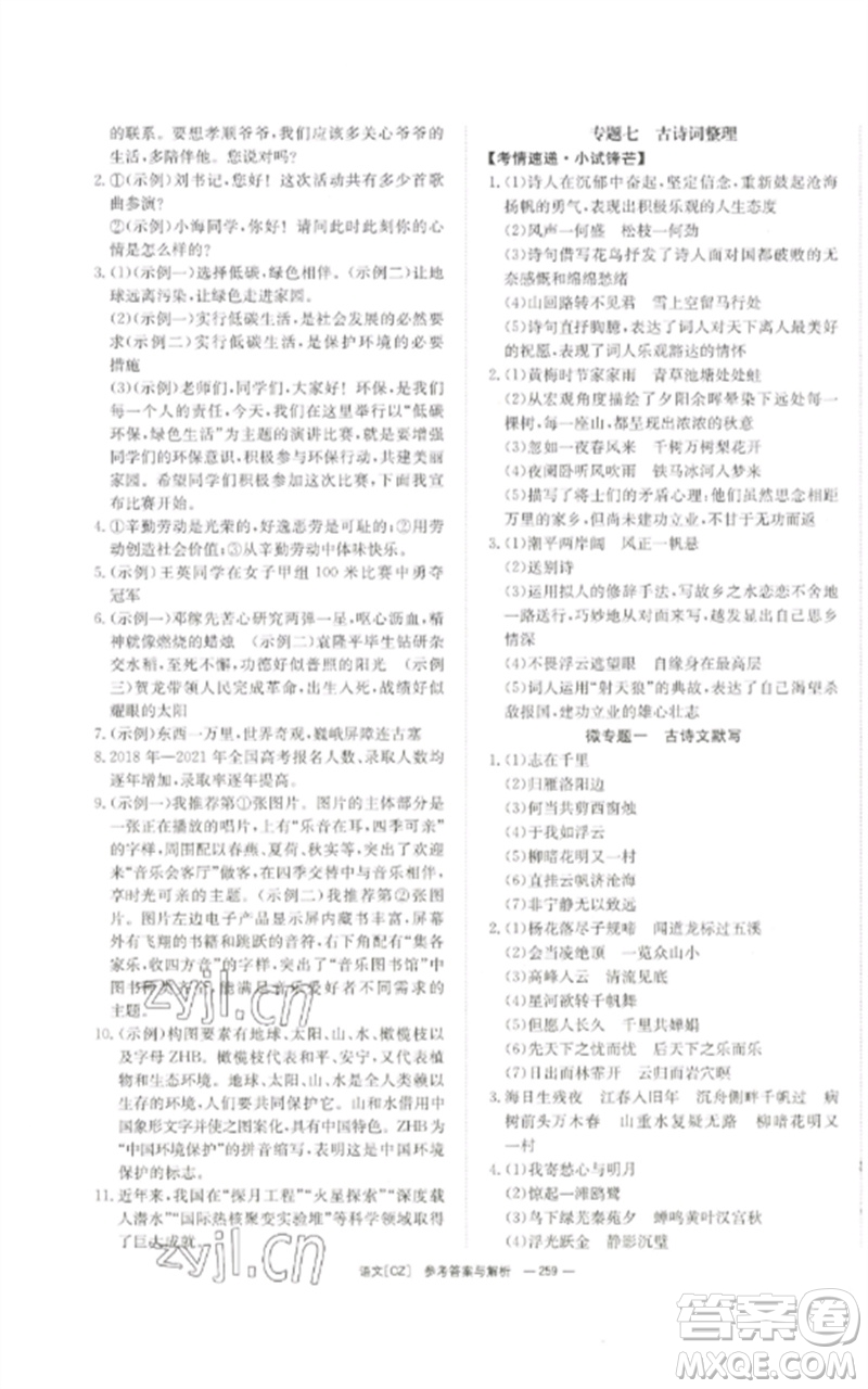 湖南師范大學(xué)出版社2023全效學(xué)習(xí)中考學(xué)練測九年級語文人教版郴州專版參考答案