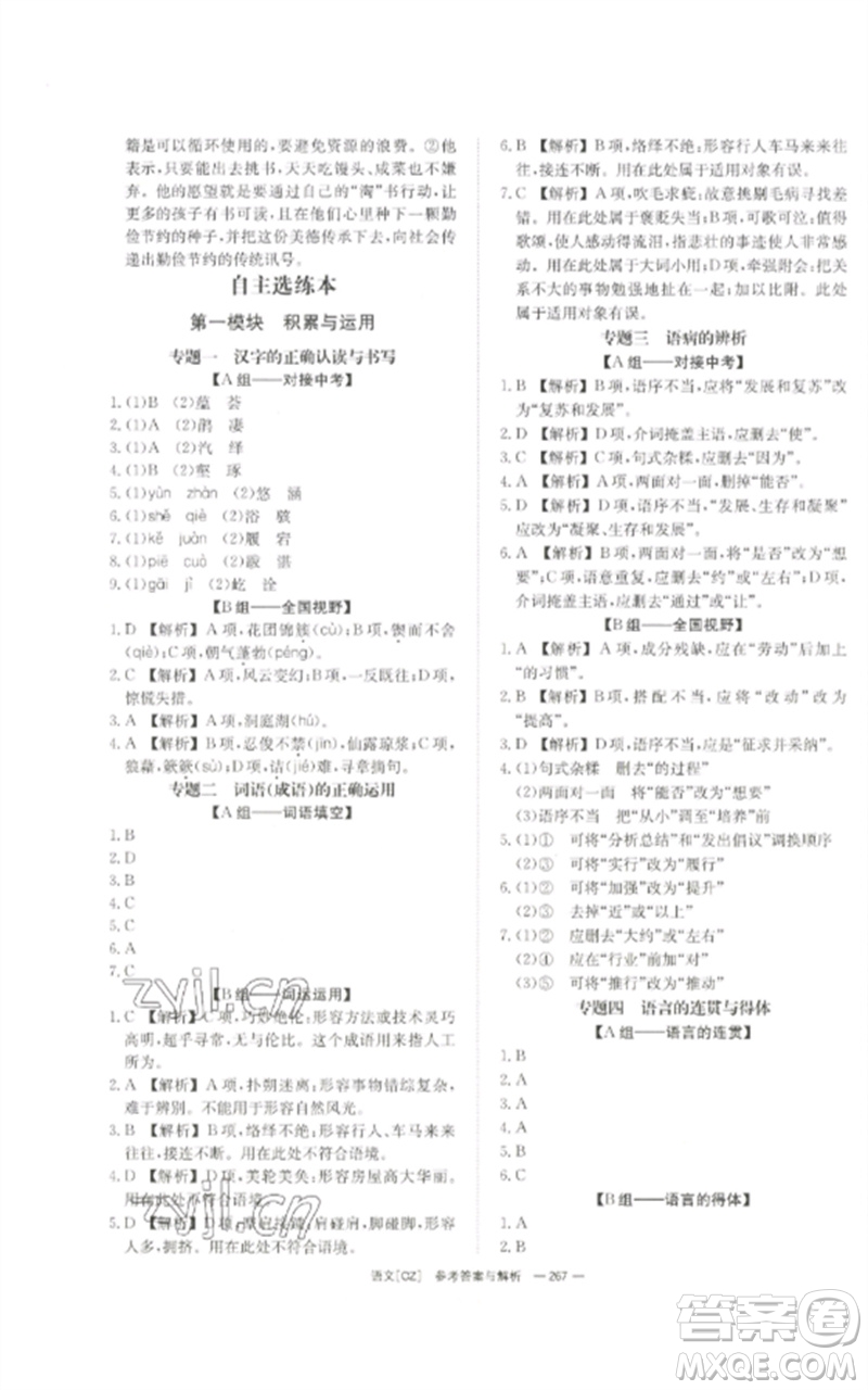 湖南師范大學(xué)出版社2023全效學(xué)習(xí)中考學(xué)練測九年級語文人教版郴州專版參考答案