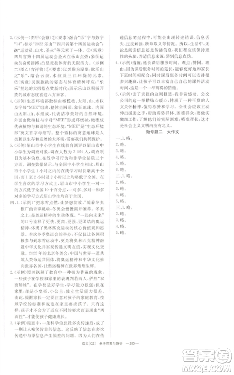 湖南師范大學(xué)出版社2023全效學(xué)習(xí)中考學(xué)練測九年級語文人教版郴州專版參考答案
