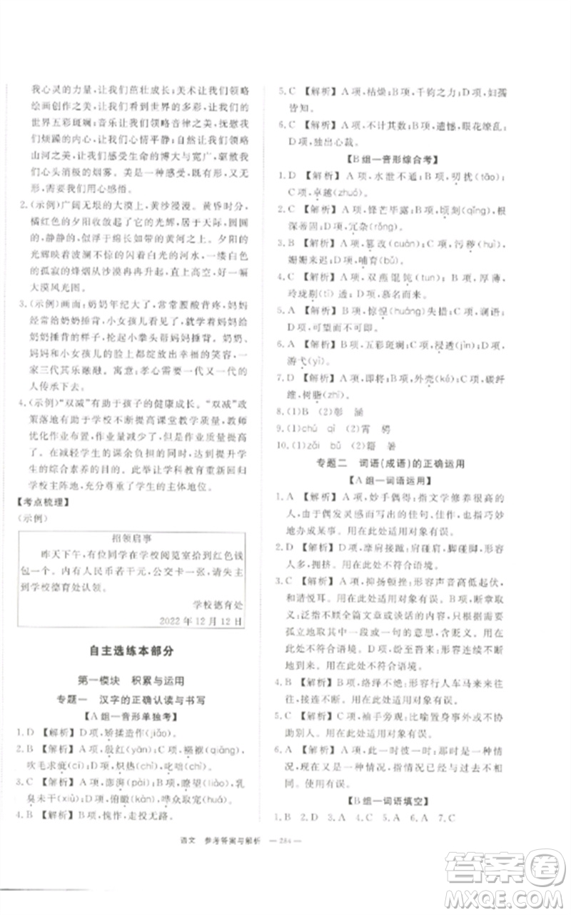 湖南師范大學(xué)出版社2023全效學(xué)習(xí)中考學(xué)練測九年級語文通用版參考答案