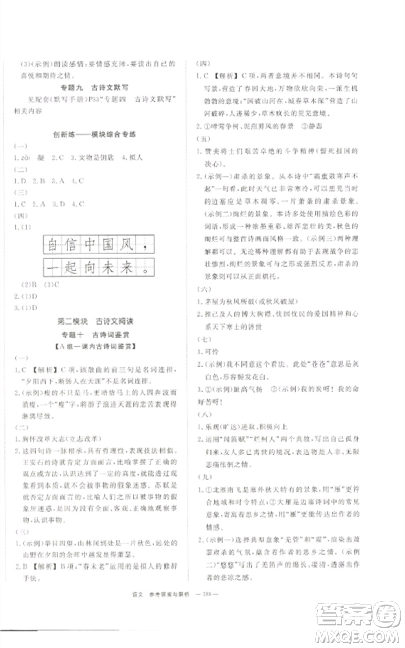 湖南師范大學(xué)出版社2023全效學(xué)習(xí)中考學(xué)練測九年級語文通用版參考答案