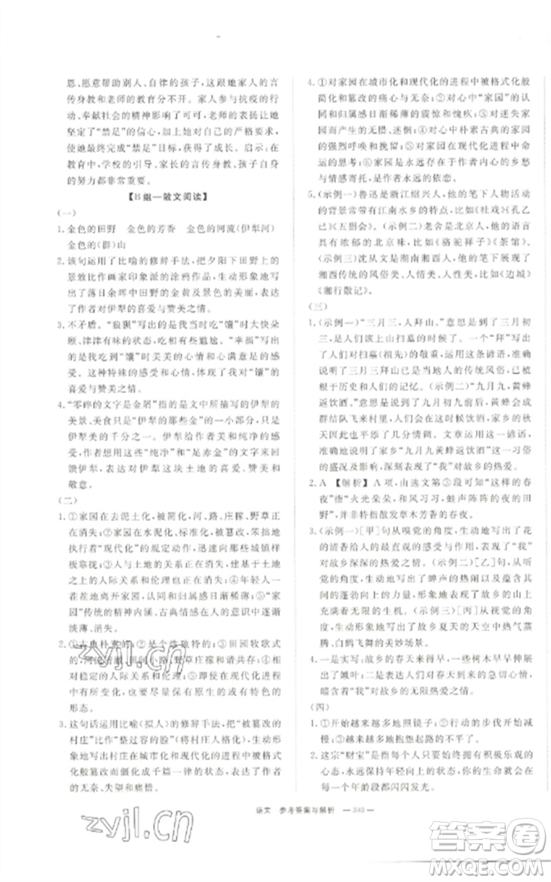 湖南師范大學(xué)出版社2023全效學(xué)習(xí)中考學(xué)練測九年級語文通用版參考答案