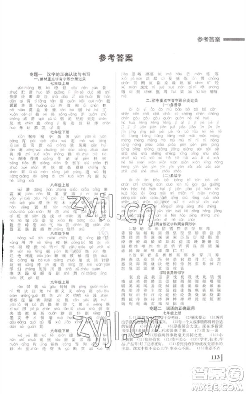 湖南師范大學(xué)出版社2023全效學(xué)習(xí)中考學(xué)練測九年級語文通用版參考答案