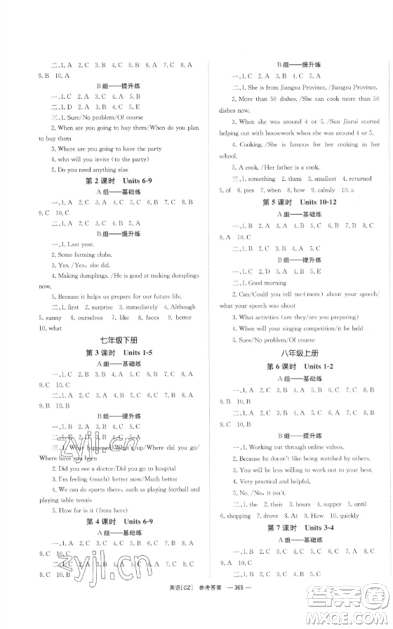 湖南師范大學(xué)出版社2023全效學(xué)習(xí)中考學(xué)練測(cè)九年級(jí)英語人教版郴州專版參考答案