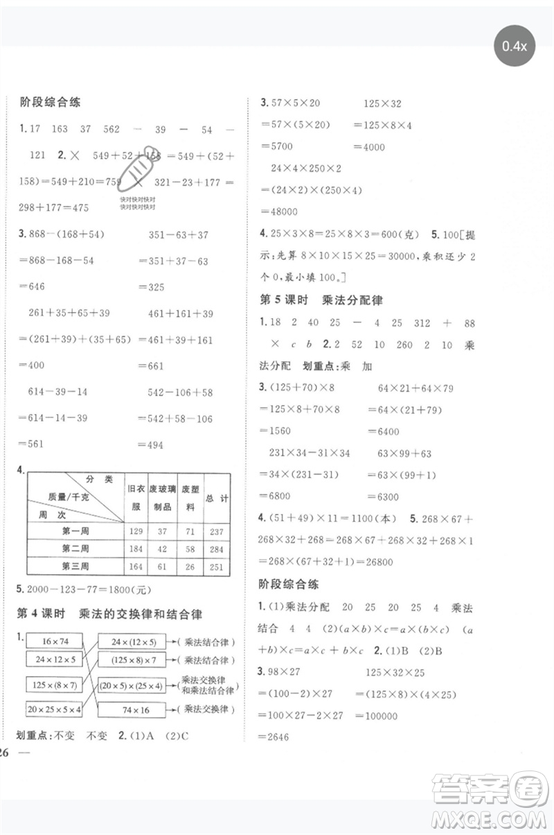 吉林人民出版社2023全科王同步課時練習四年級數(shù)學(xué)下冊人教版參考答案