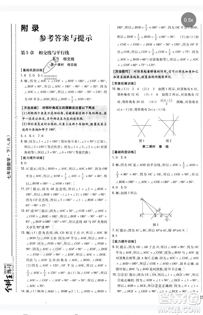 吉林人民出版社2023全科王同步課時練習(xí)七年級數(shù)學(xué)下冊人教版參考答案