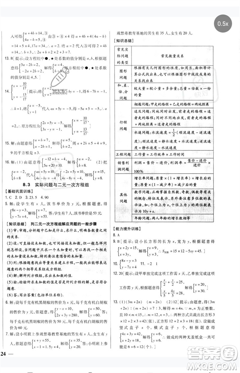 吉林人民出版社2023全科王同步課時練習(xí)七年級數(shù)學(xué)下冊人教版參考答案
