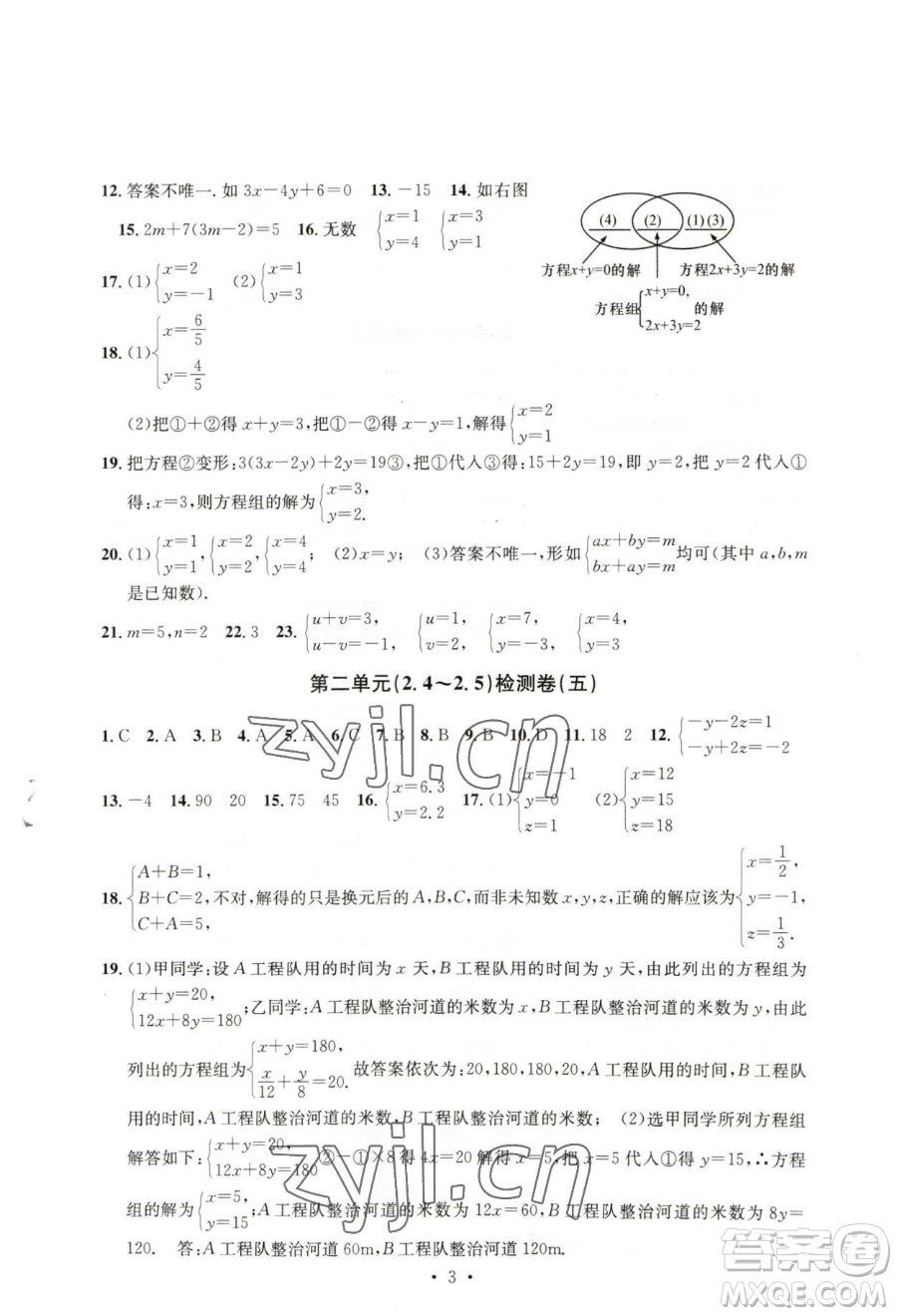 浙江工商大學(xué)出版社2023習(xí)題e百檢測卷七年級下冊數(shù)學(xué)浙教版參考答案