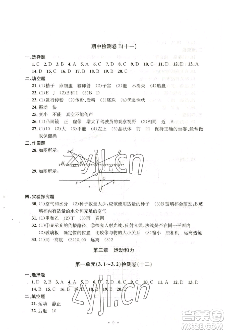 浙江工商大學(xué)出版社2023習(xí)題e百檢測卷七年級下冊科學(xué)浙教版參考答案