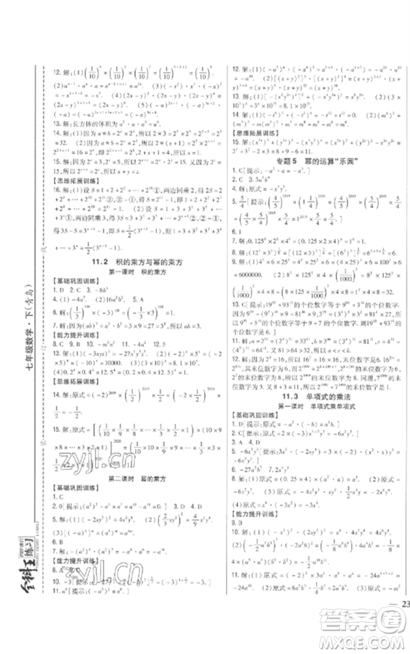 吉林人民出版社2023全科王同步課時練習七年級數學下冊青島版參考答案