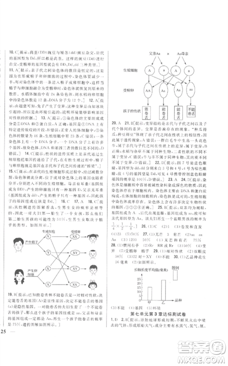吉林人民出版社2023全科王同步課時(shí)練習(xí)八年級生物下冊人教版參考答案