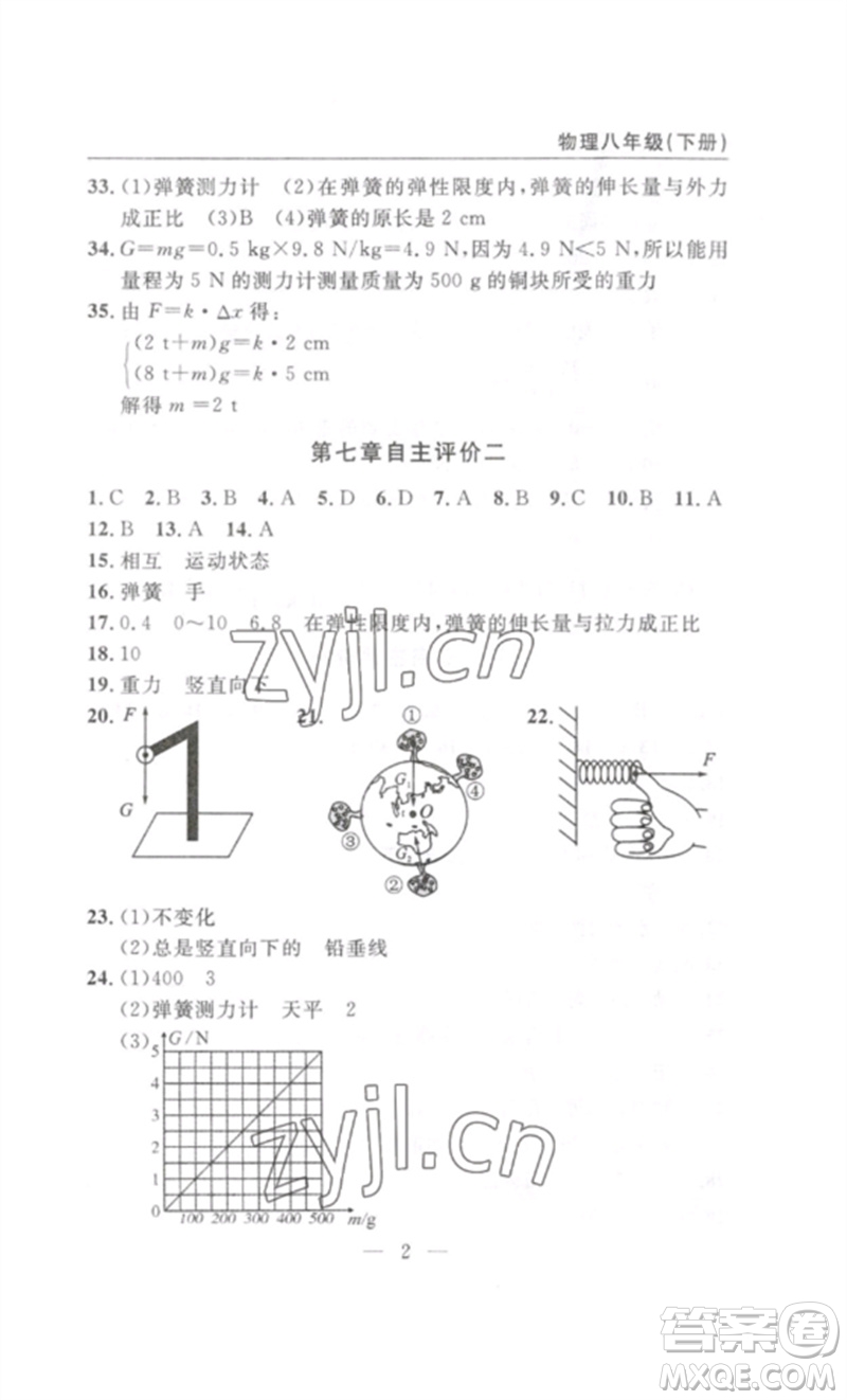 長江少年兒童出版社2023智慧課堂自主評(píng)價(jià)八年級(jí)物理下冊(cè)人教版十堰專版參考答案