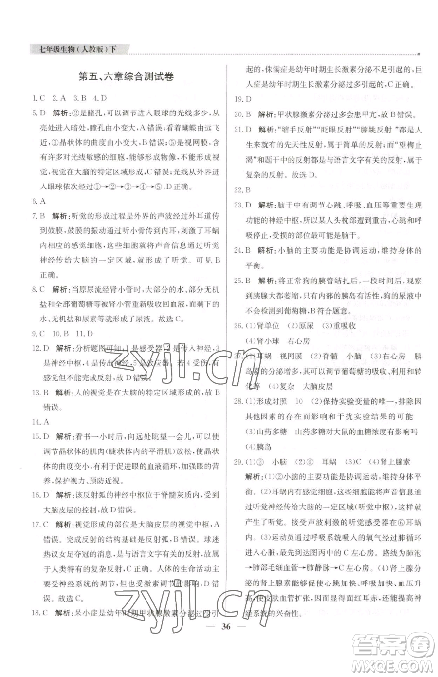 北京教育出版社2023提分教練優(yōu)學(xué)導(dǎo)練測(cè)七年級(jí)下冊(cè)生物人教版東莞專(zhuān)版參考答案