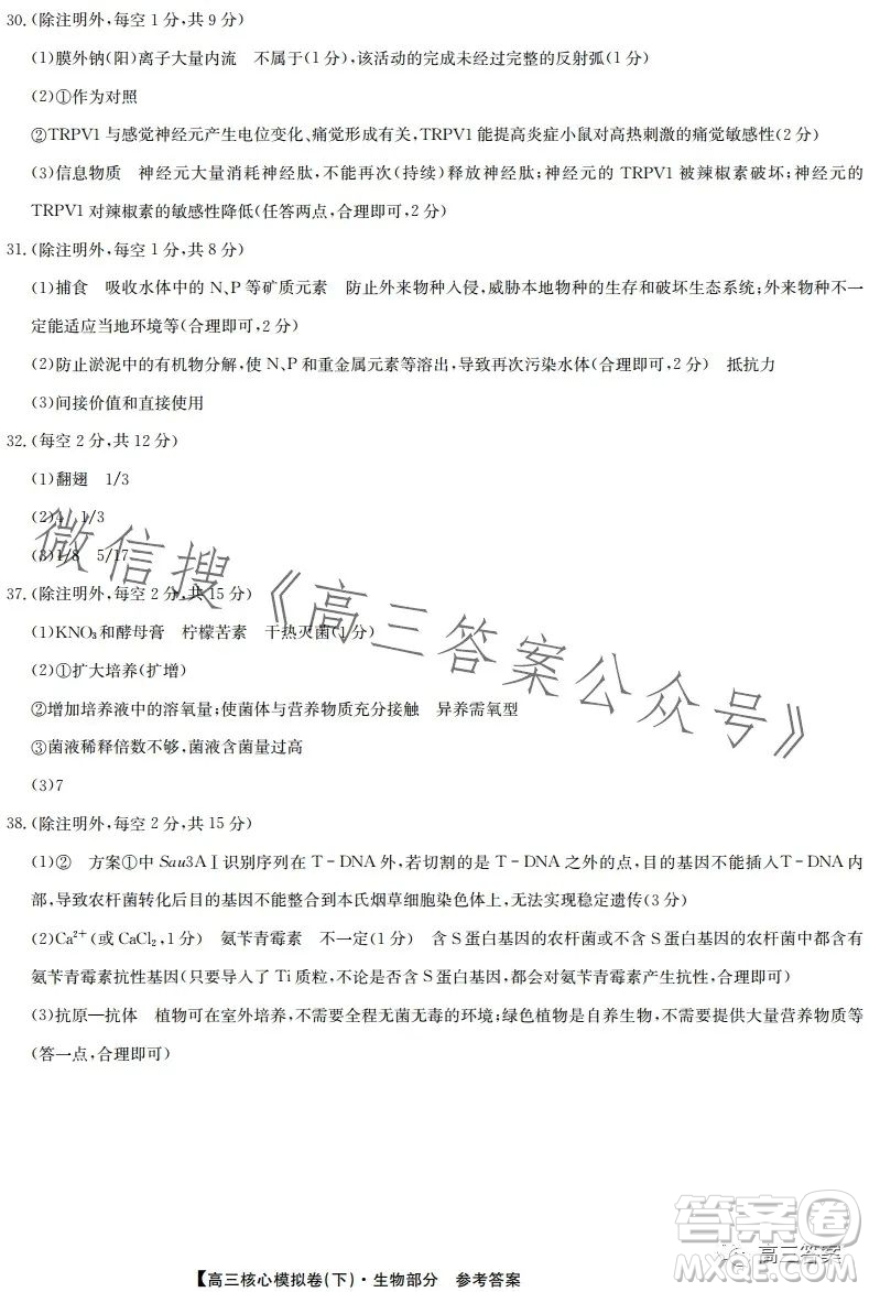 九師聯(lián)盟2022-2023學(xué)年高三核心模擬卷下理科綜合一答案