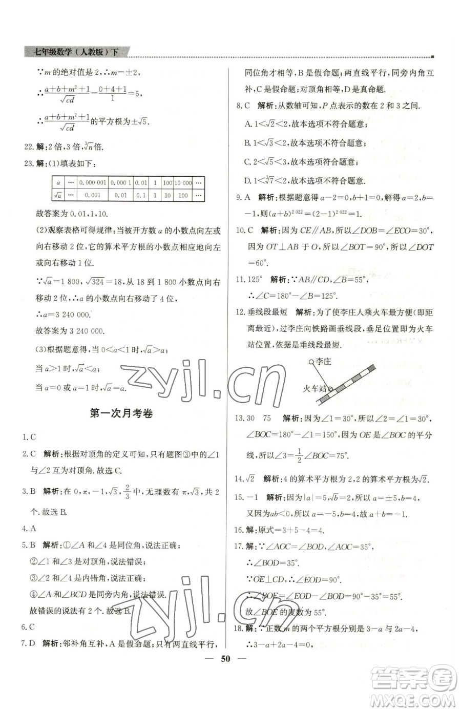 北京教育出版社2023提分教練優(yōu)學(xué)導(dǎo)練測七年級下冊數(shù)學(xué)人教版東莞專版參考答案