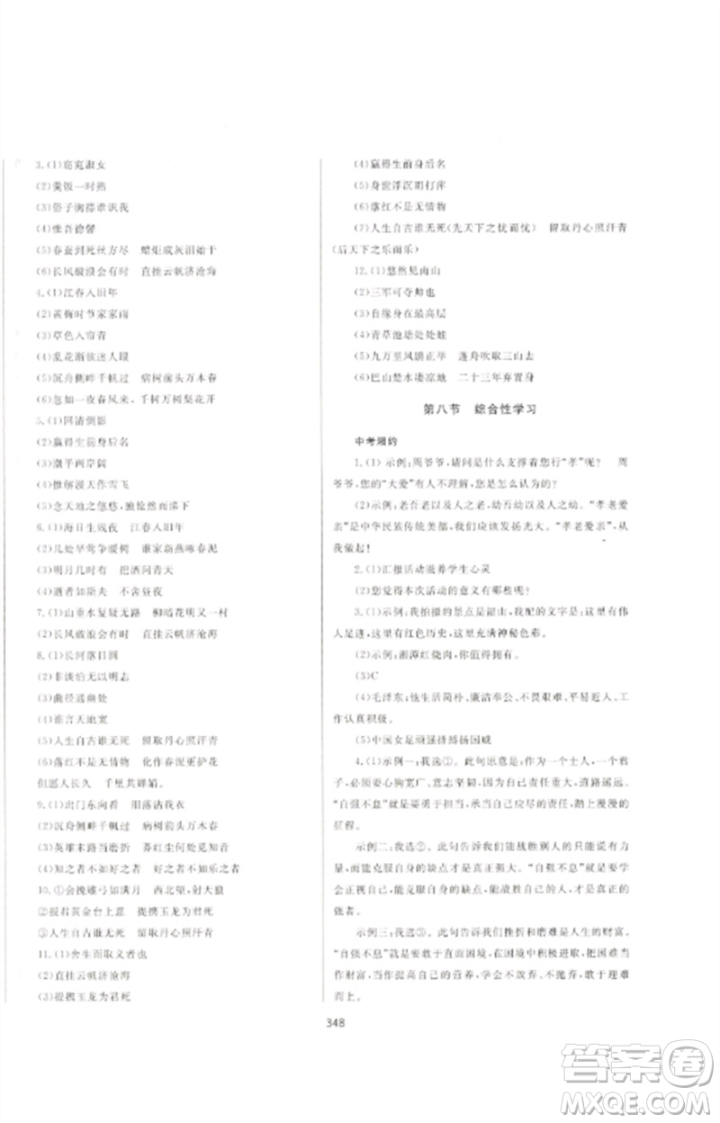 延邊大學(xué)出版社2023中考先鋒中考總復(fù)習(xí)九年級(jí)語(yǔ)文通用版參考答案
