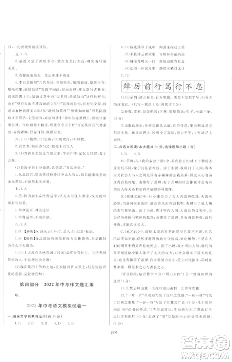 延邊大學(xué)出版社2023中考先鋒中考總復(fù)習(xí)九年級(jí)語(yǔ)文通用版參考答案