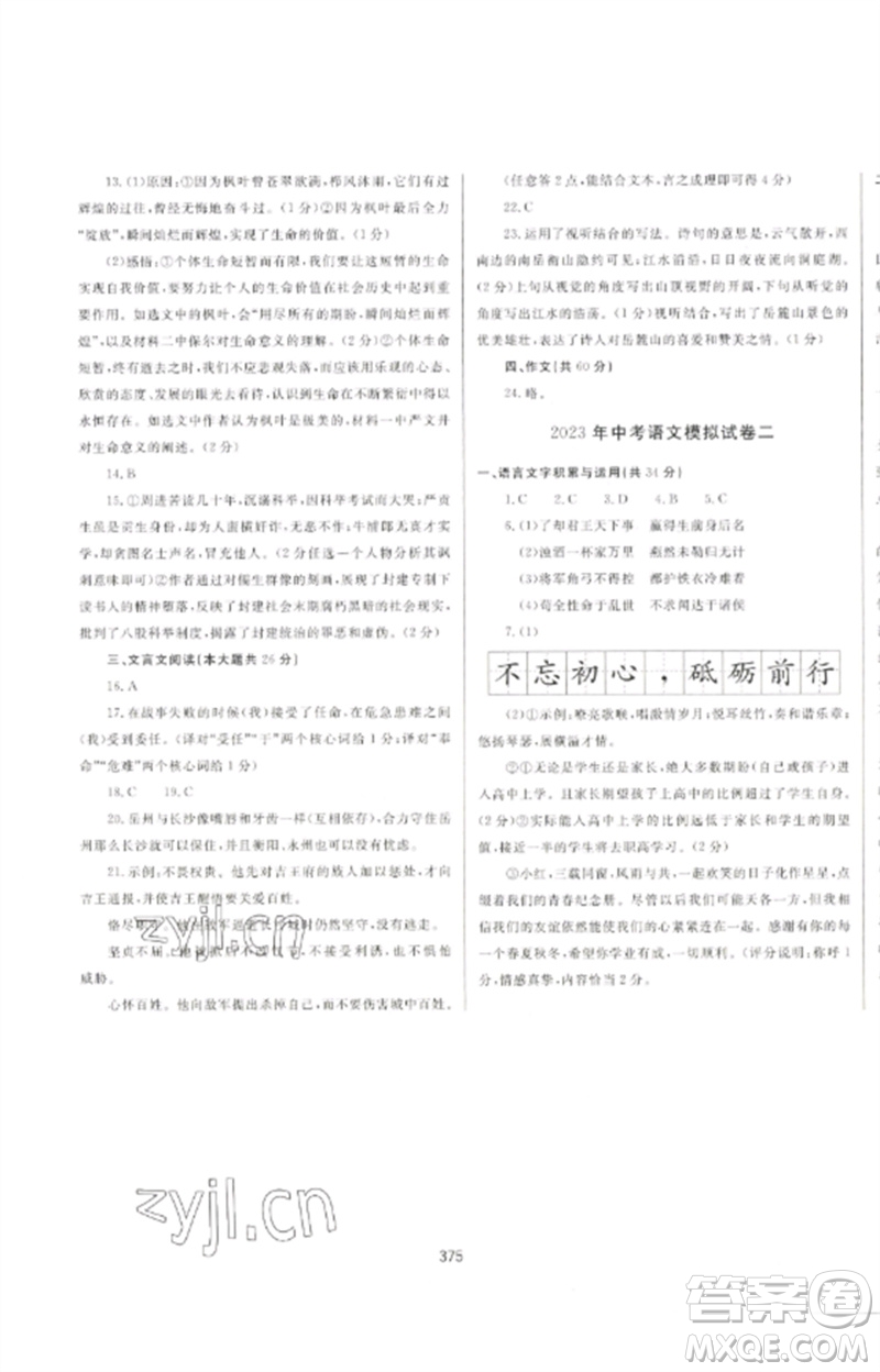 延邊大學(xué)出版社2023中考先鋒中考總復(fù)習(xí)九年級(jí)語(yǔ)文通用版參考答案