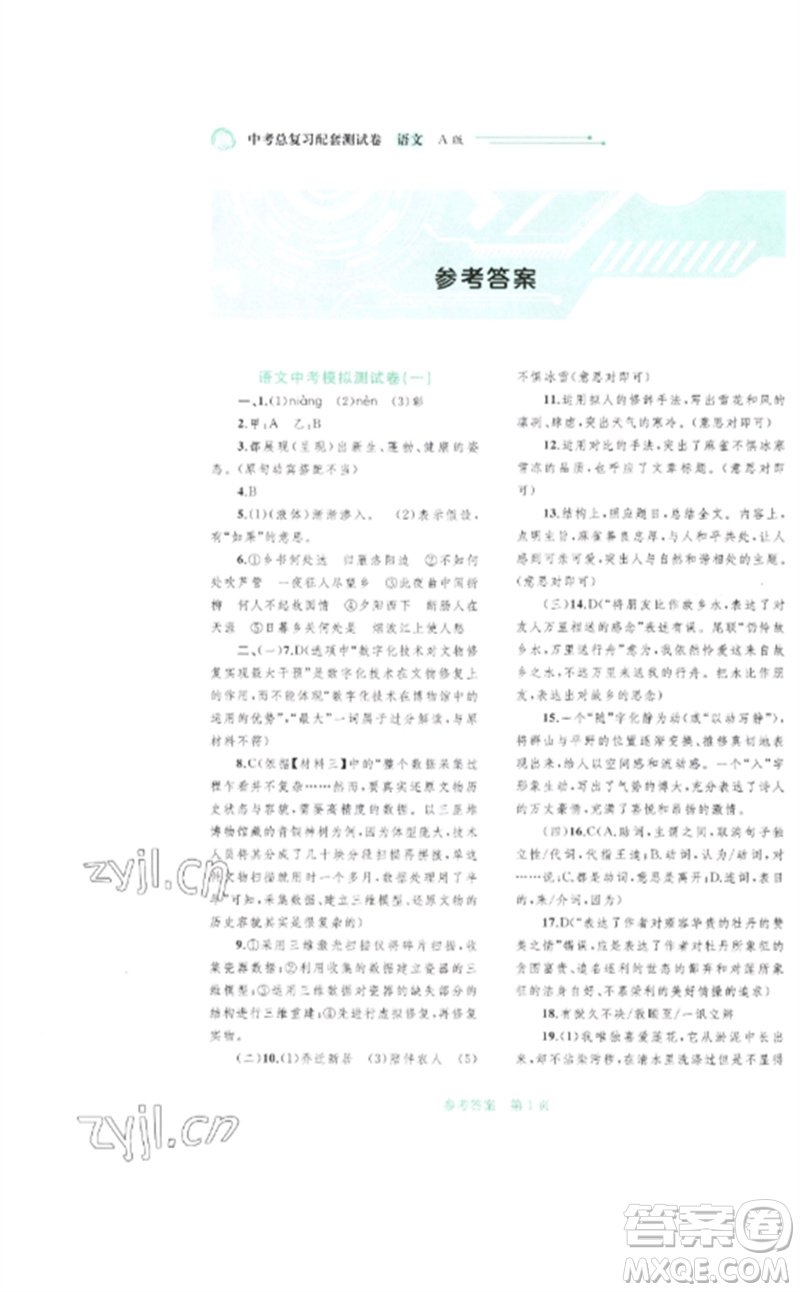 廣西師范大學(xué)出版社2023中考先鋒中考總復(fù)習(xí)配套測(cè)試卷九年級(jí)語文A版人教版參考答案