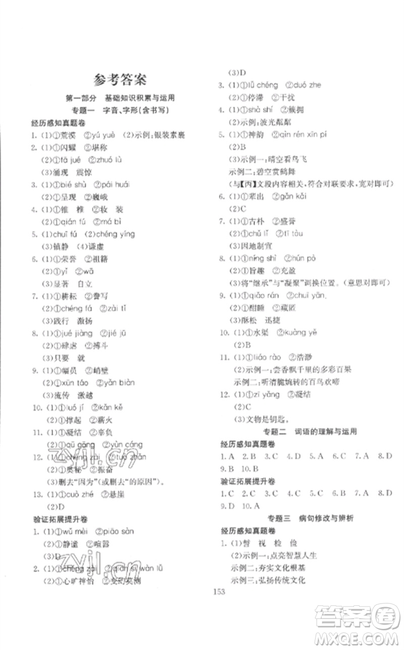 新疆文化出版社2023中考先鋒初中總復(fù)習(xí)全程培優(yōu)訓(xùn)練第一方案九年級語文通用版參考答案