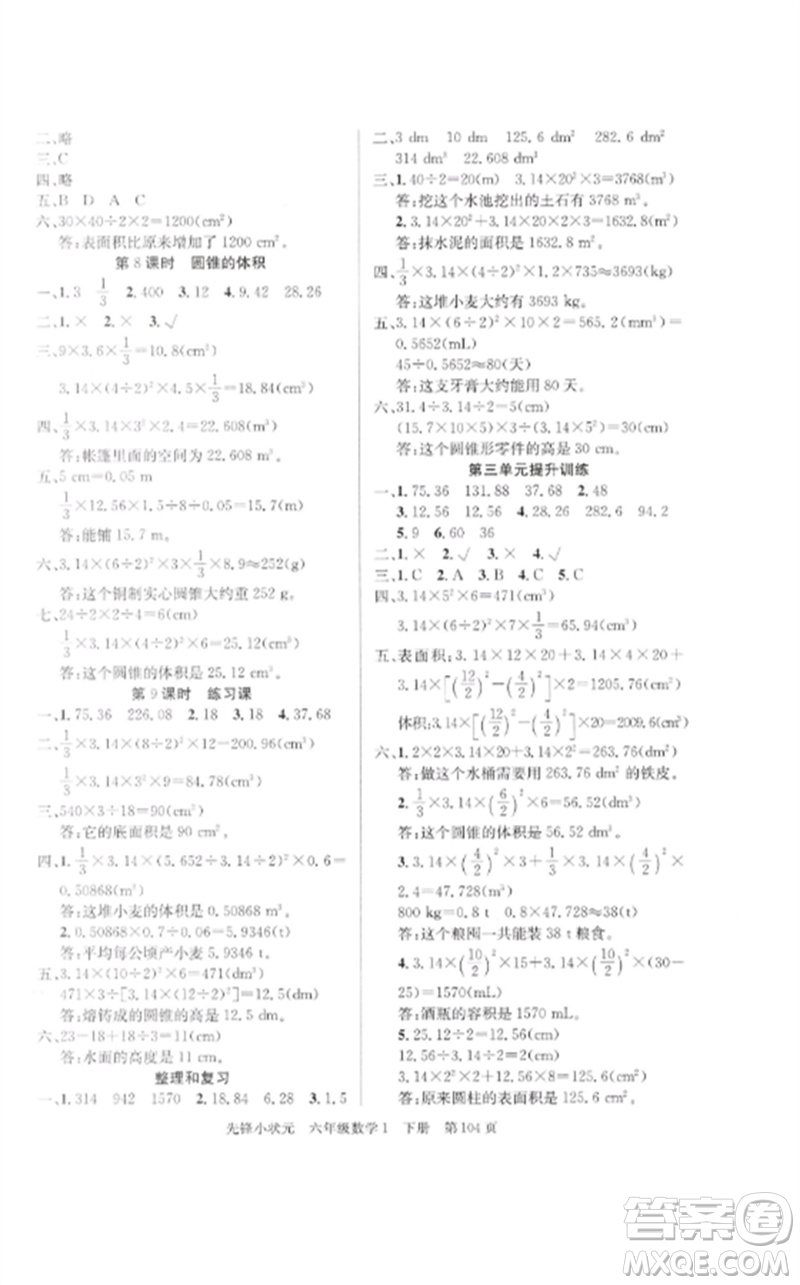 新世紀出版社2023先鋒小狀元六年級數(shù)學(xué)下冊人教版參考答案