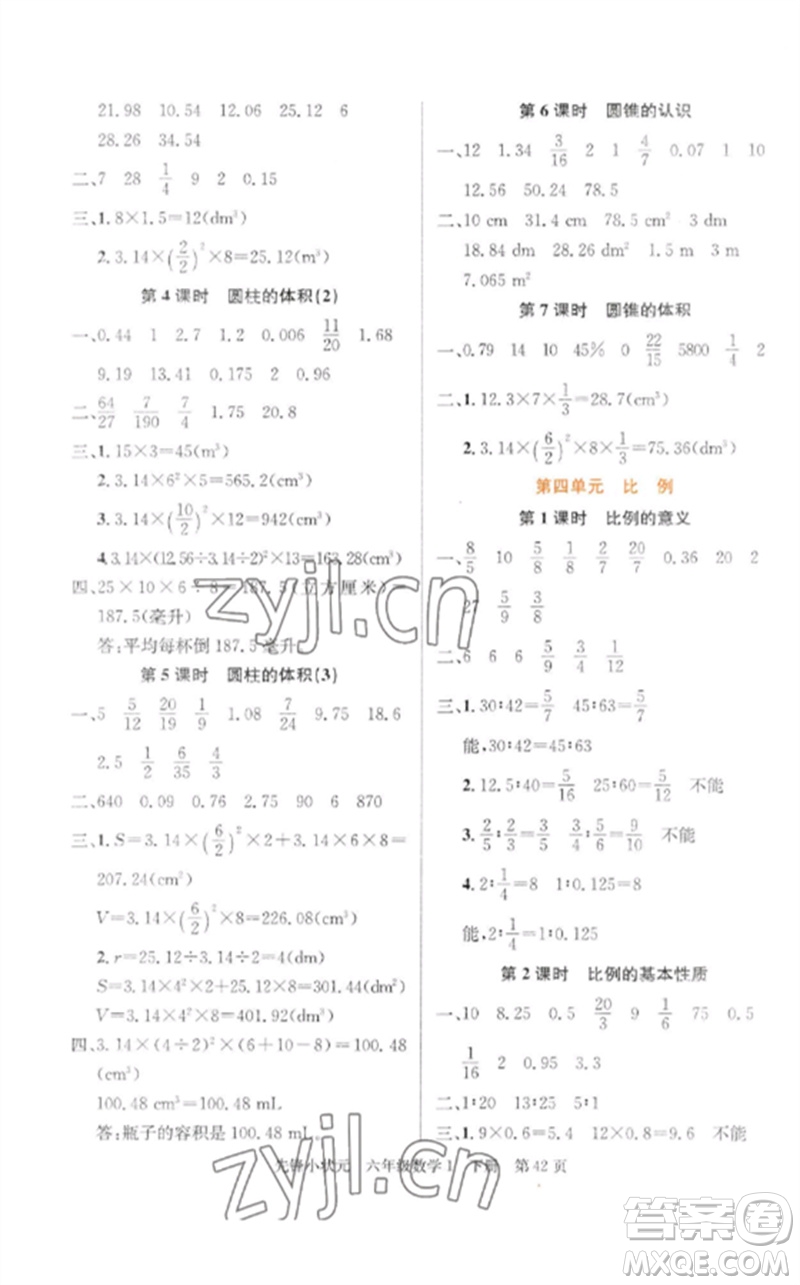 新世紀出版社2023先鋒小狀元六年級數(shù)學(xué)下冊人教版參考答案