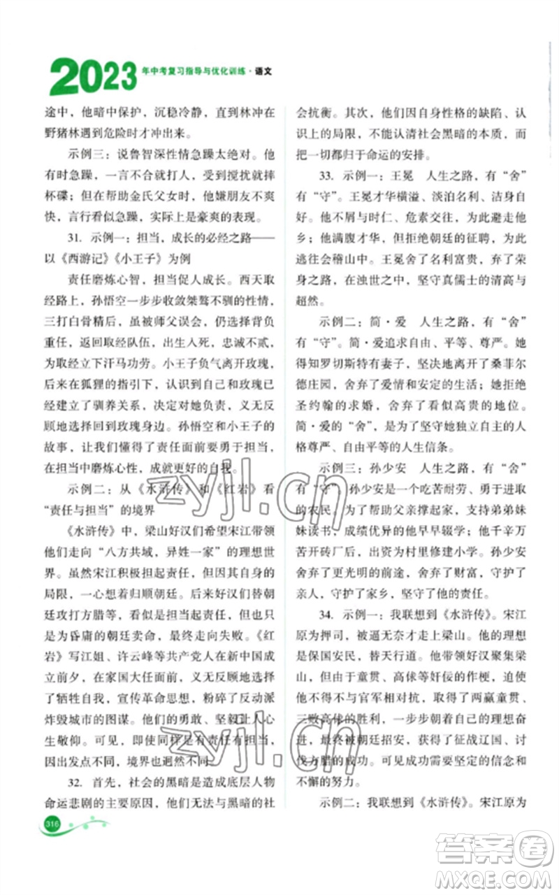 山西教育出版社2023中考復(fù)習(xí)指導(dǎo)與優(yōu)化訓(xùn)練九年級語文通用版參考答案