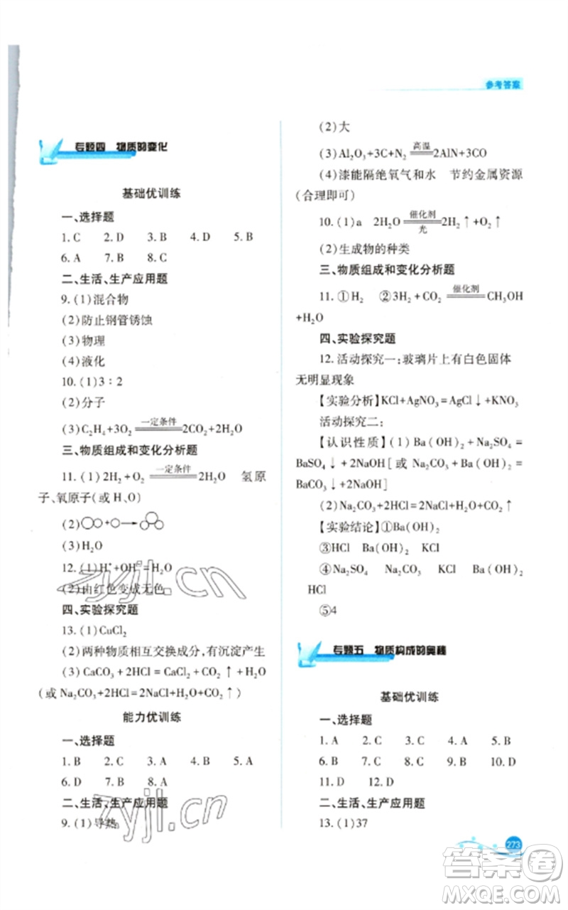 山西教育出版社2023中考復(fù)習(xí)指導(dǎo)與優(yōu)化訓(xùn)練九年級(jí)化學(xué)通用版參考答案