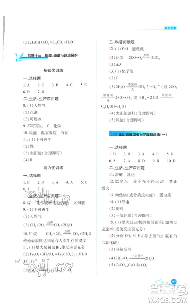 山西教育出版社2023中考復(fù)習(xí)指導(dǎo)與優(yōu)化訓(xùn)練九年級(jí)化學(xué)通用版參考答案