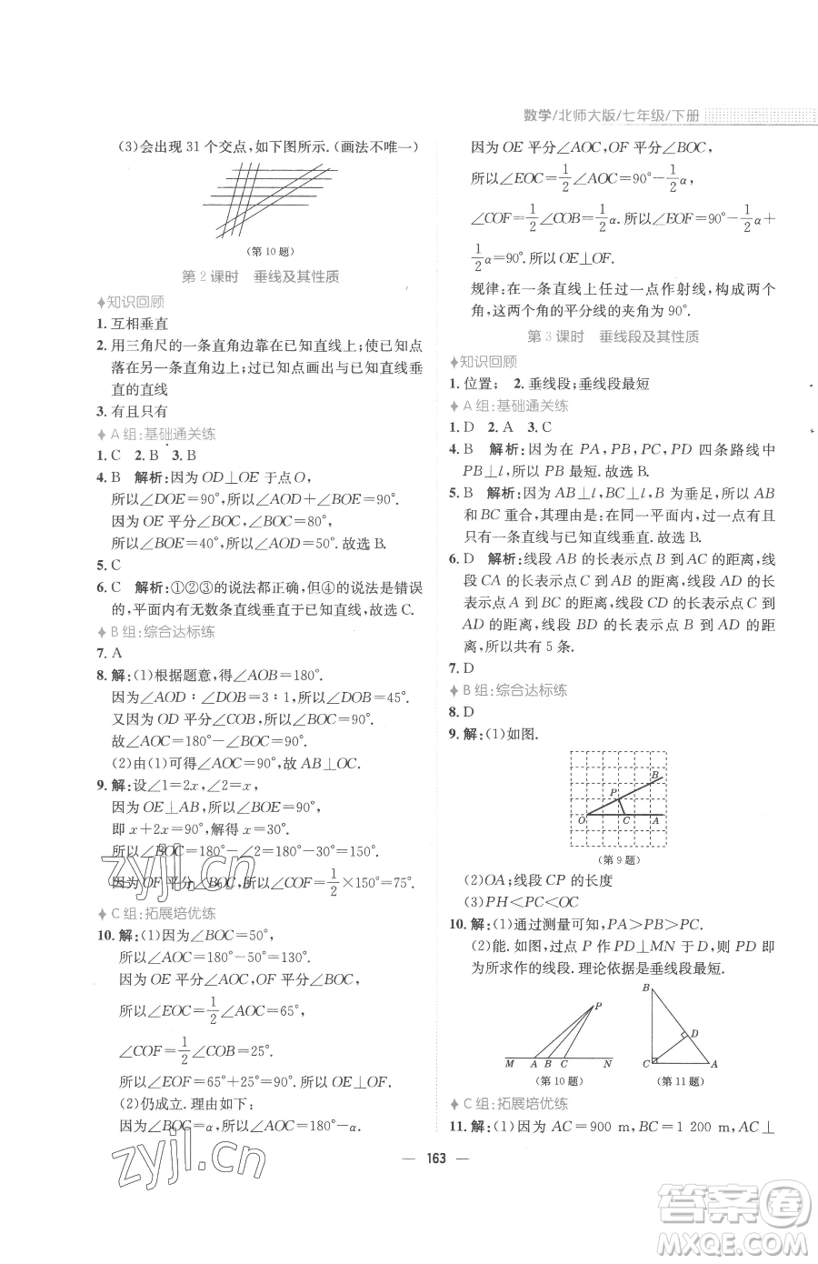 安徽教育出版社2023新編基礎(chǔ)訓(xùn)練七年級(jí)下冊(cè)數(shù)學(xué)北師大版參考答案