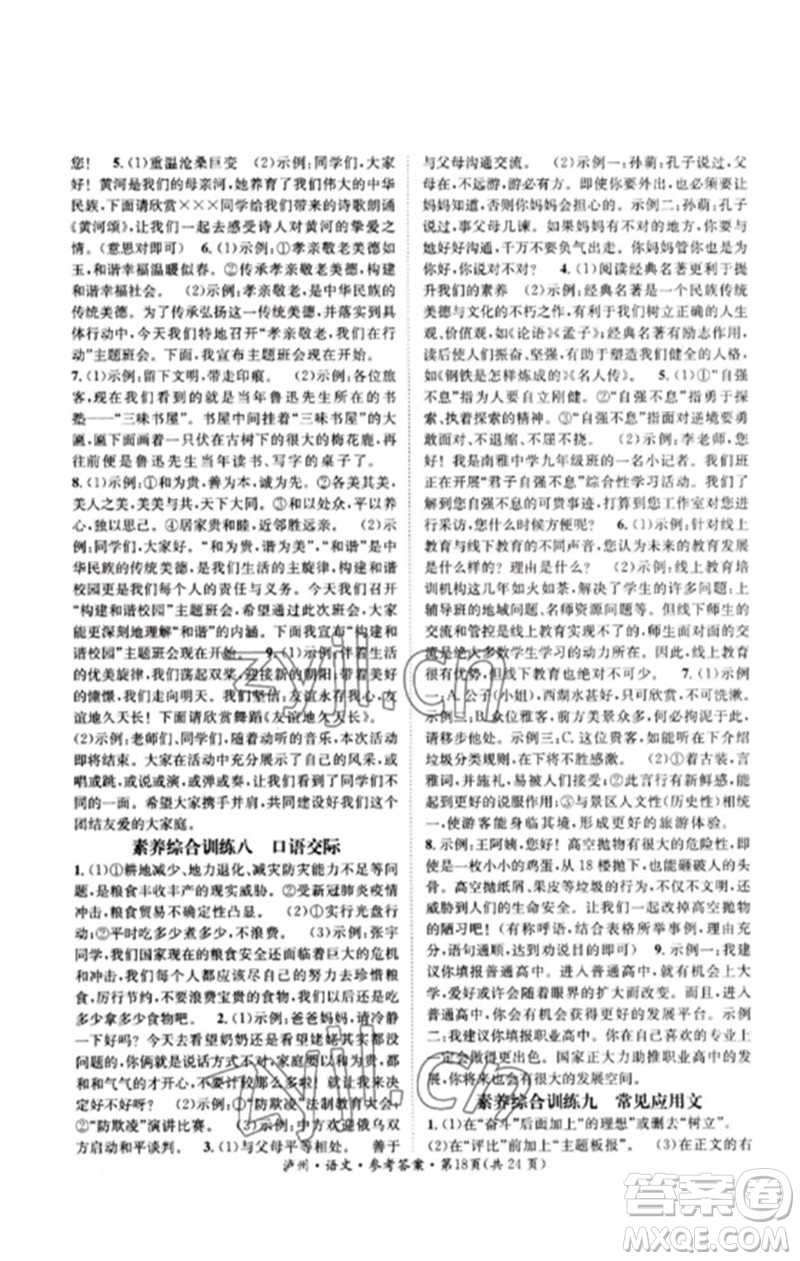 長江出版社2023中考復習總動員九年級語文通用版瀘州專版參考答案