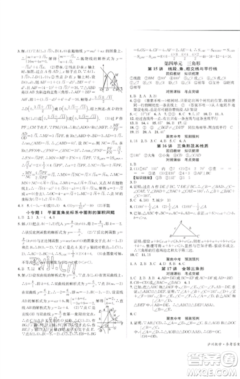 長江出版社2023中考復(fù)習(xí)總動(dòng)員九年級(jí)數(shù)學(xué)通用版瀘州專版參考答案