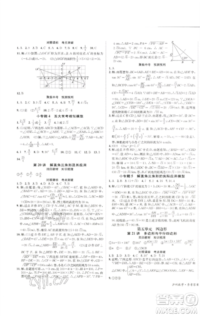 長江出版社2023中考復(fù)習(xí)總動(dòng)員九年級(jí)數(shù)學(xué)通用版瀘州專版參考答案