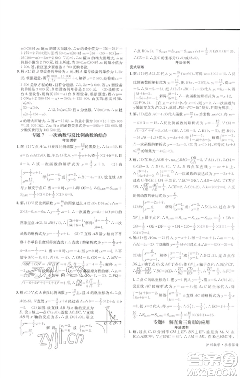 長江出版社2023中考復(fù)習(xí)總動(dòng)員九年級(jí)數(shù)學(xué)通用版瀘州專版參考答案