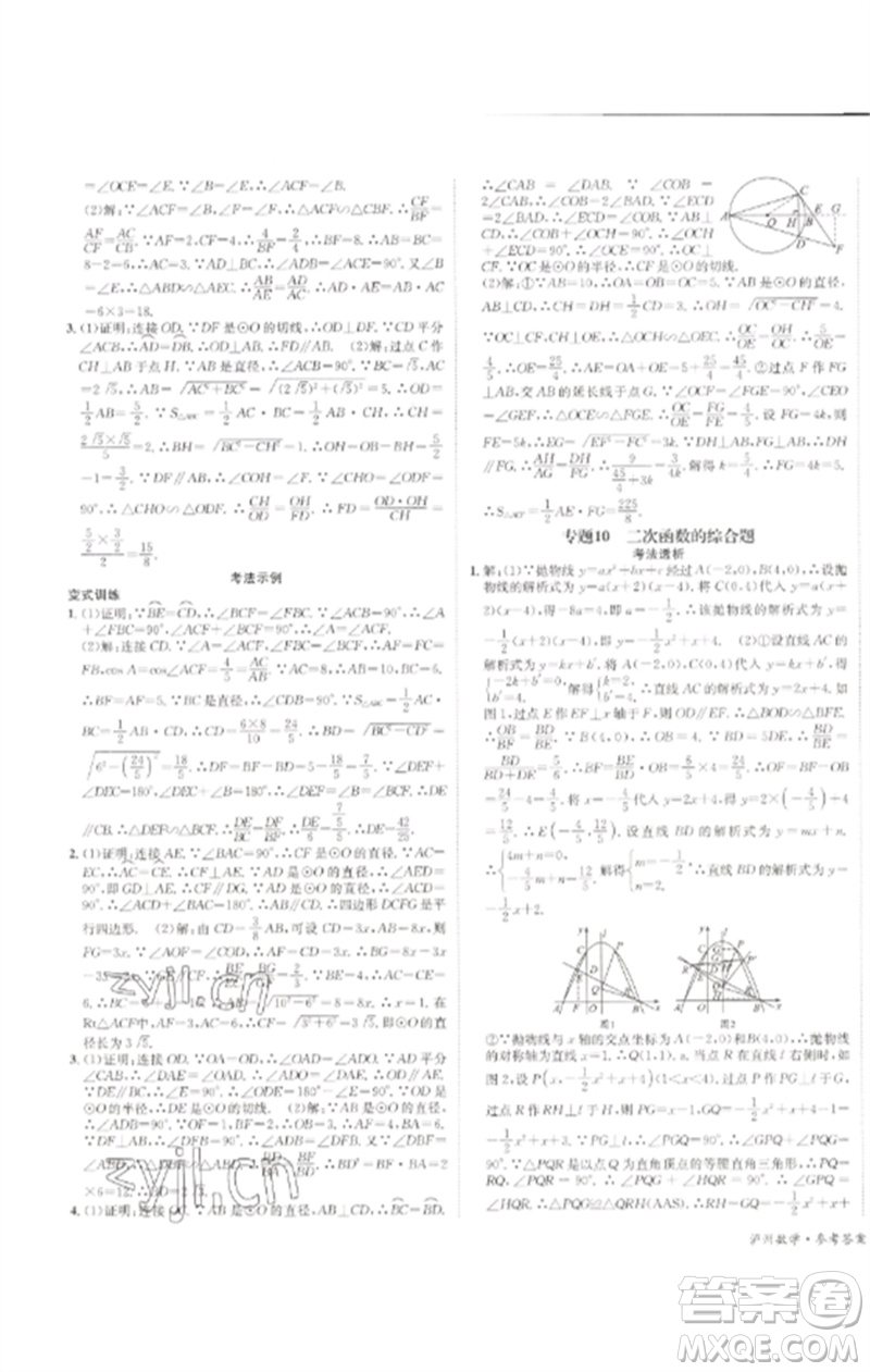 長江出版社2023中考復(fù)習(xí)總動(dòng)員九年級(jí)數(shù)學(xué)通用版瀘州專版參考答案