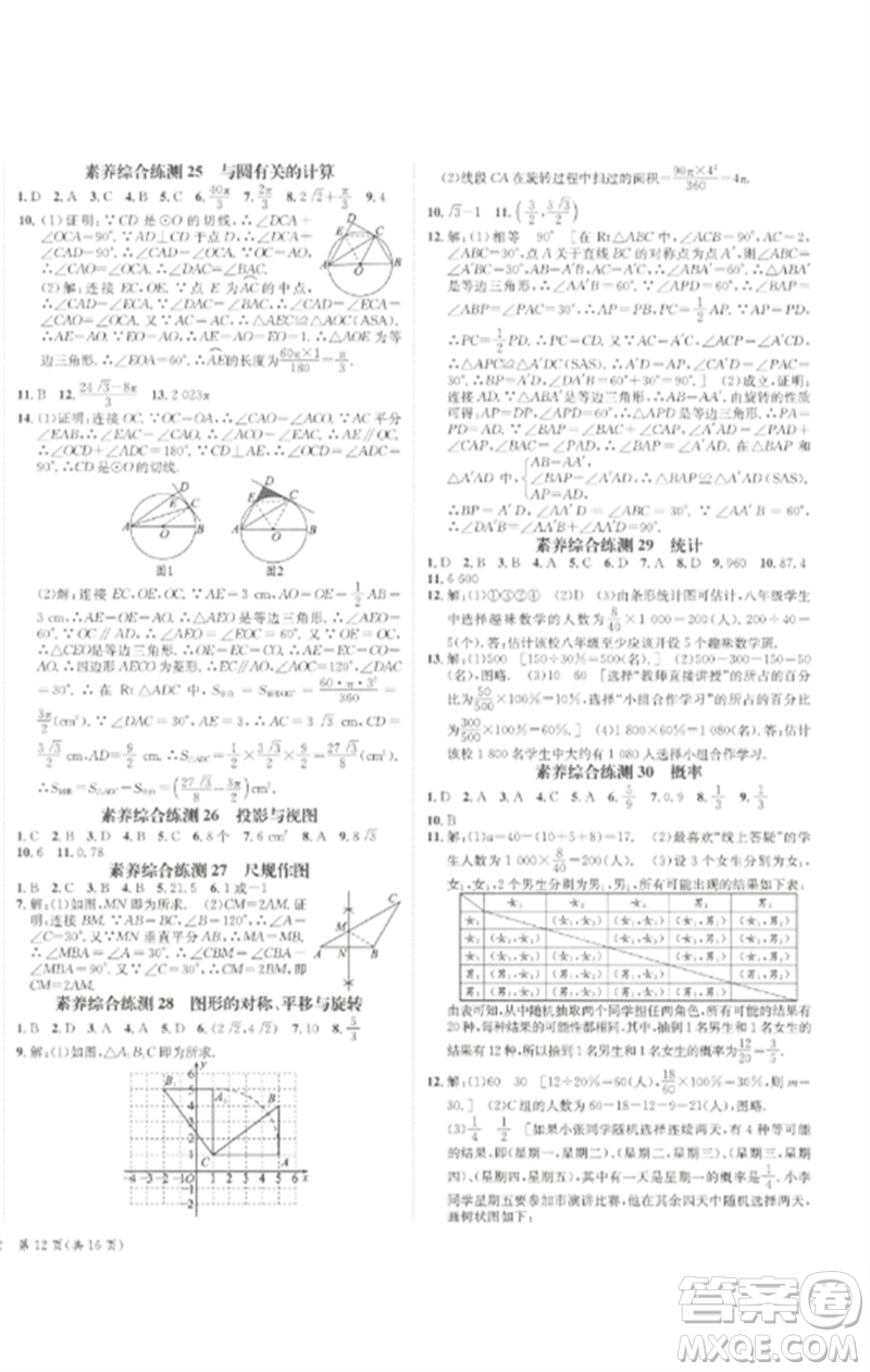 長江出版社2023中考復(fù)習(xí)總動(dòng)員九年級(jí)數(shù)學(xué)通用版瀘州專版參考答案